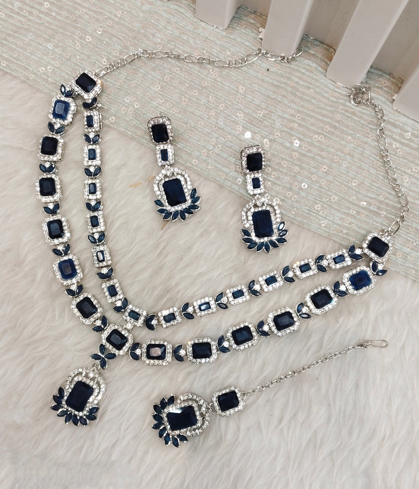 Blue Silver CZ Necklace Indian Jewellery Gajrup Set