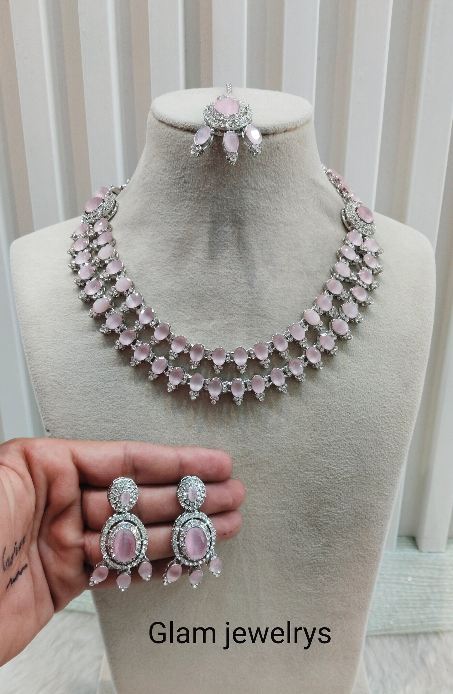 Pink Silver CZ Necklace Indian Jewellery Gajrup Set