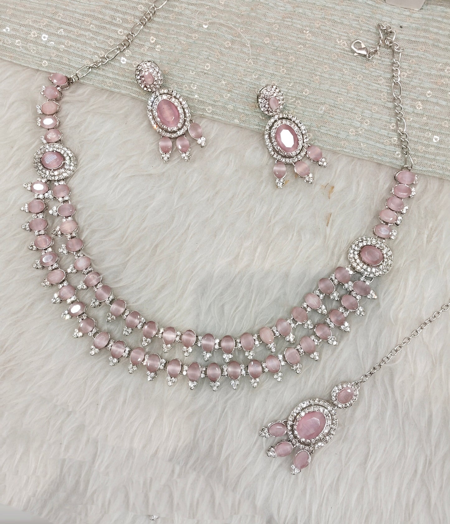 Pink Silver CZ Necklace Indian Jewellery Gajrup Set