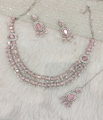 Pink Silver CZ Necklace Indian Jewellery Gajrup Set