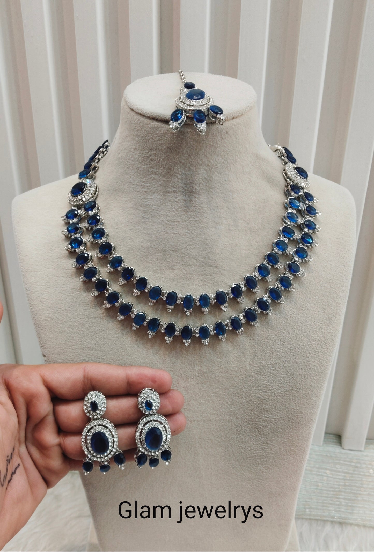 Blue Silver CZ Necklace Indian Jewellery Gajrup Set