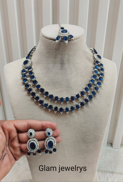 Blue Silver CZ Necklace Indian Jewellery Gajrup Set