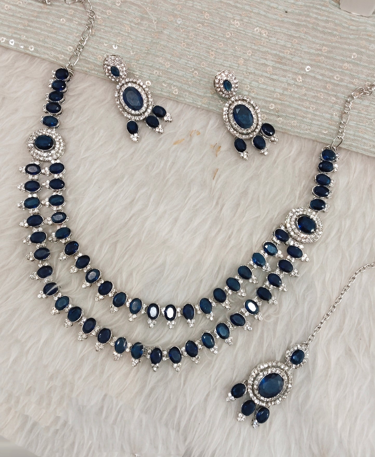 Blue Silver CZ Necklace Indian Jewellery Gajrup Set