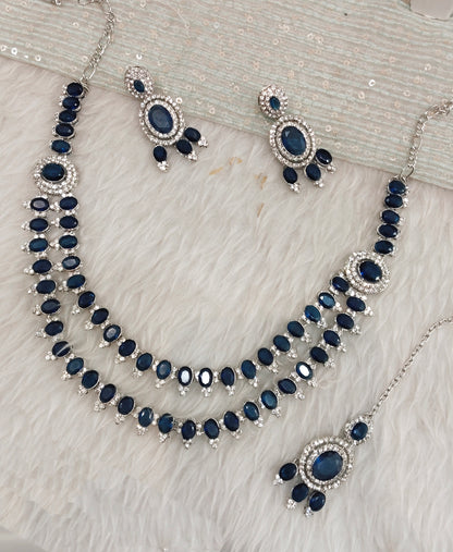 Blue Silver CZ Necklace Indian Jewellery Gajrup Set
