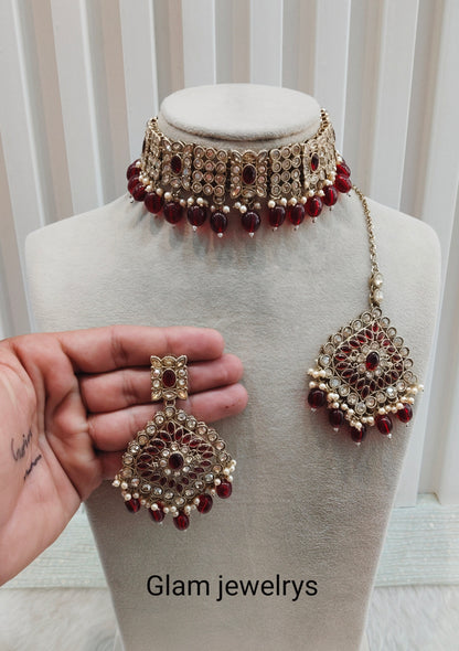 Maroon Antique Gold Choker Indian Jewellery Hanish Set