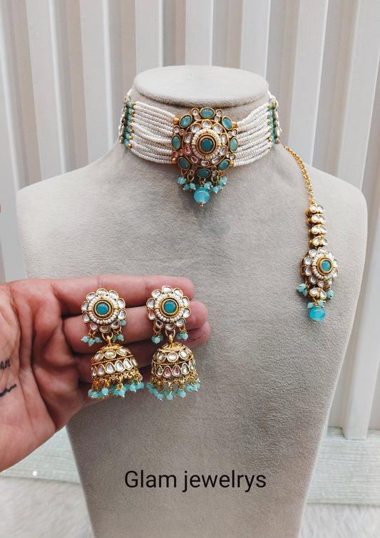 Sky Blue Kundan Choker Jewellery Fanish Set
