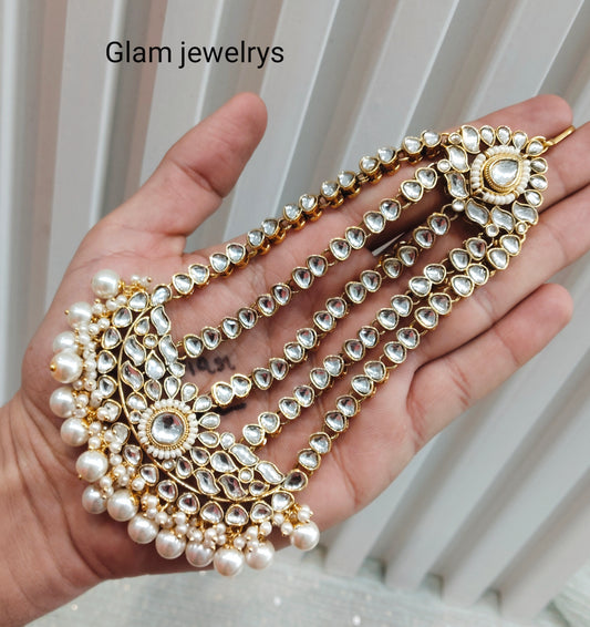 White Gold Kundan Headpassa Jhumar Indian Jewellery