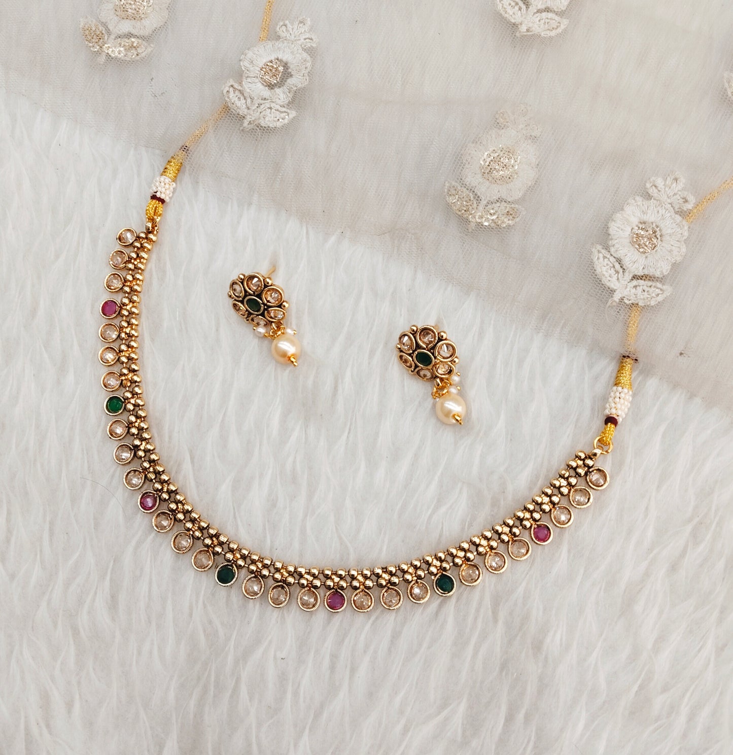 Ruby Green Gold Polki Necklace Indian Jewellery set