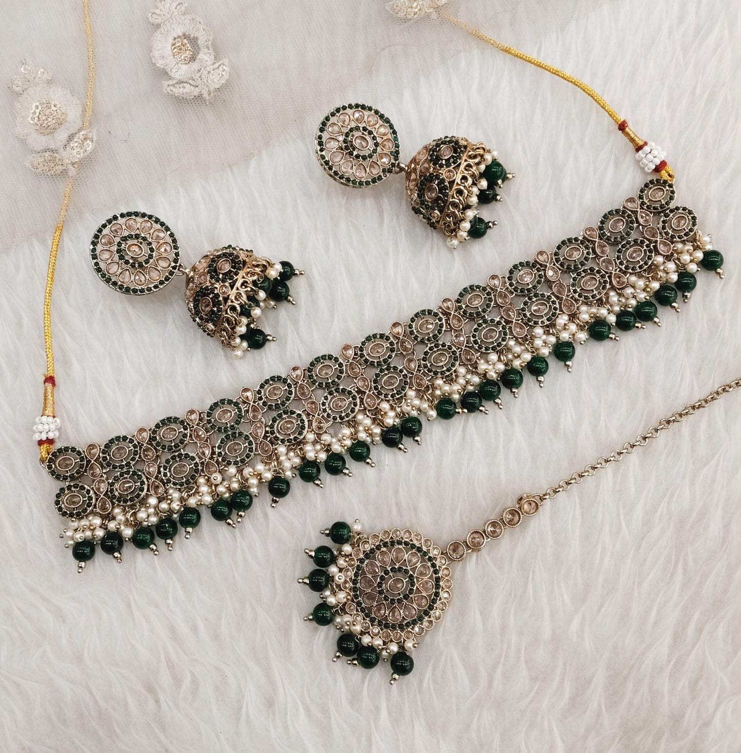 Green Antique Gold Choker Indian Mika jewellery set