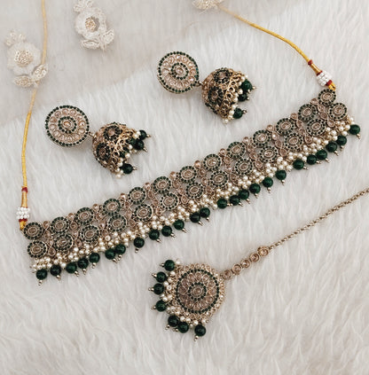 Green Antique Gold Choker Indian Mika jewellery set