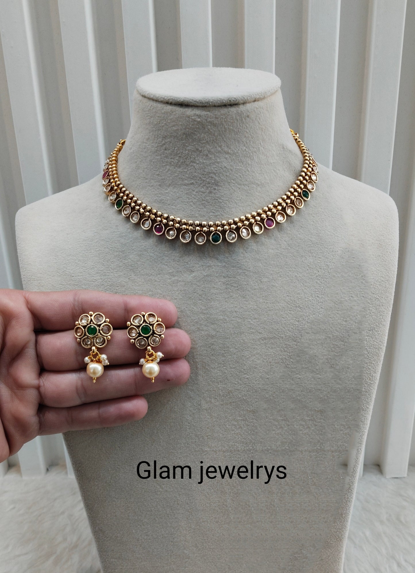 Ruby Green Gold Polki Necklace Indian Jewellery set