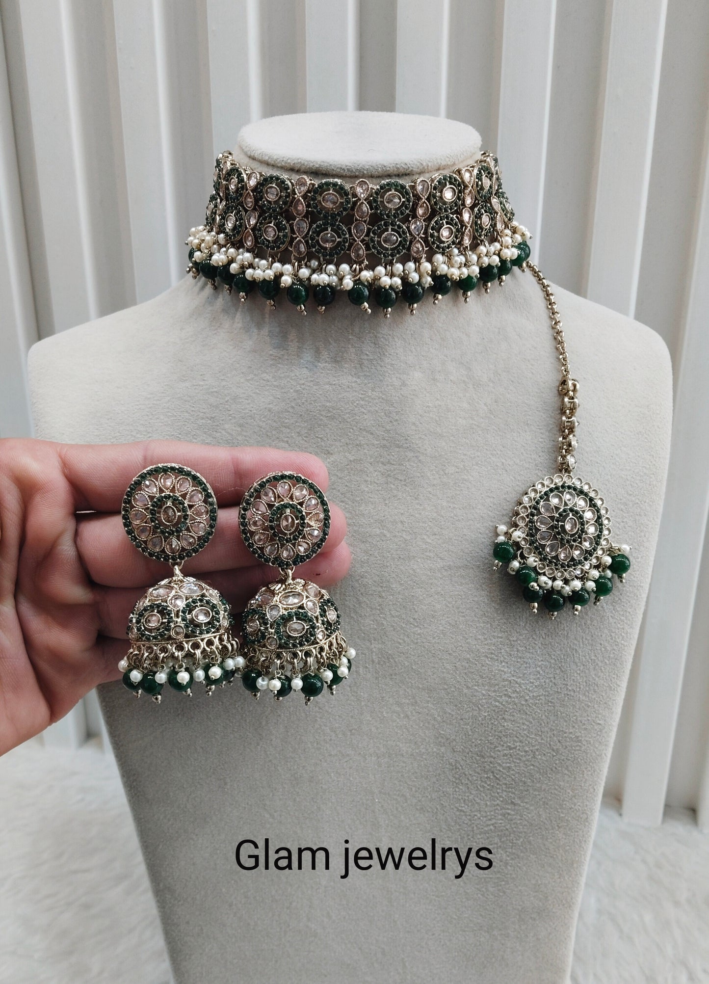 Green Antique Gold Choker Indian Mika jewellery set