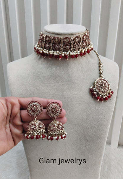 Ruby Antique Gold Choker Indian Mika jewellery set