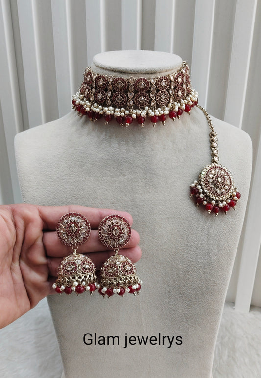 Ruby Antique Gold Choker Indian Mika jewellery set