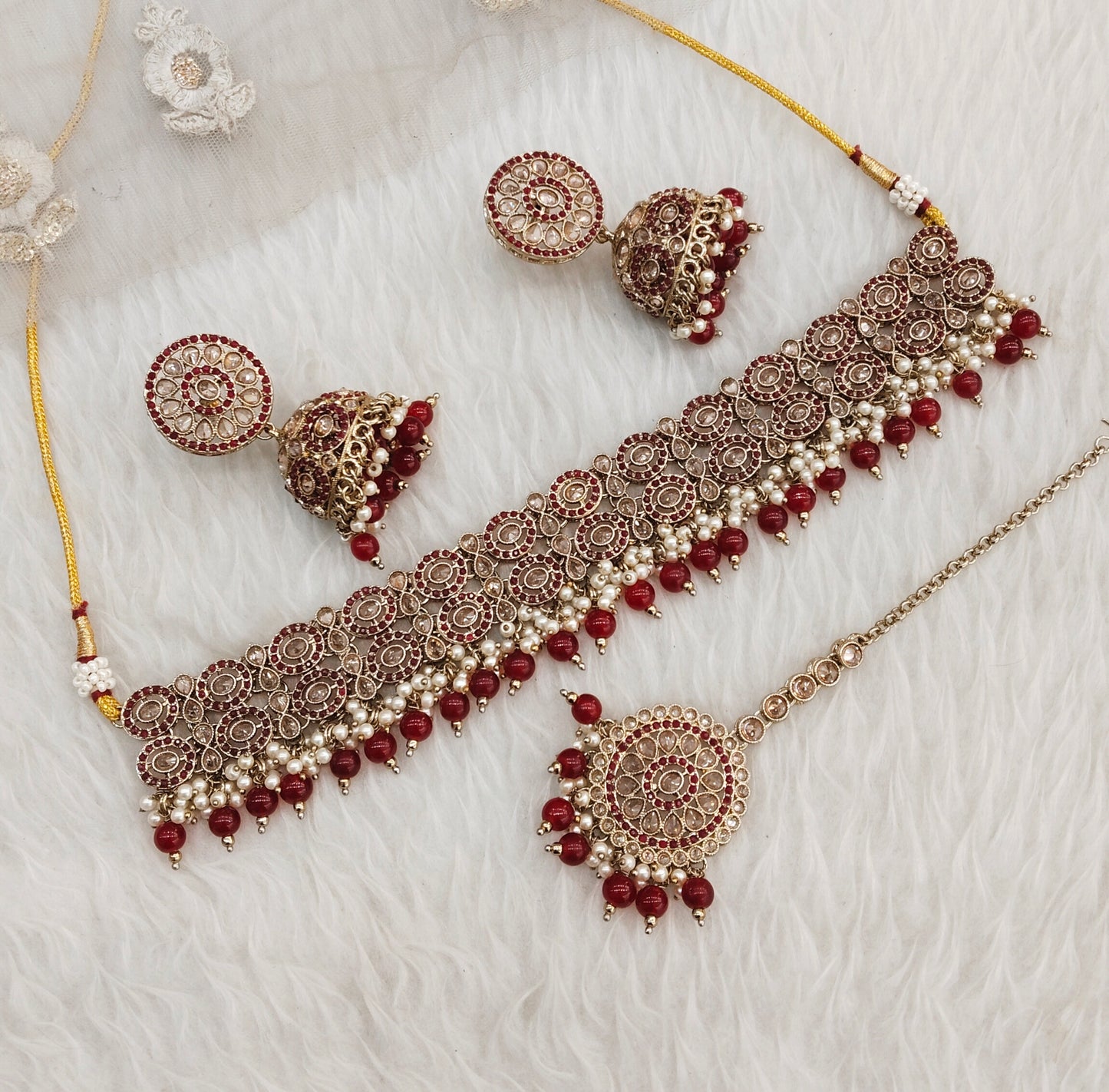 Ruby Antique Gold Choker Indian Mika jewellery set