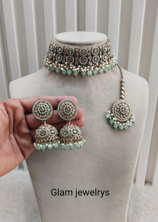 Pastel Green Antique Gold Choker Indian Mika jewellery set