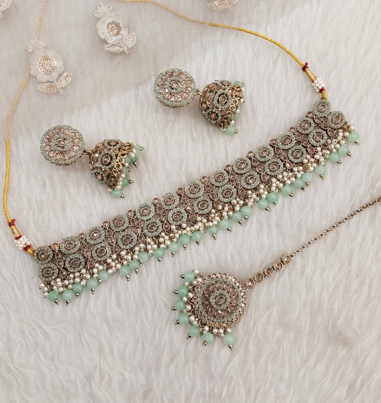 Pastel Green Antique Gold Choker Indian Mika jewellery set