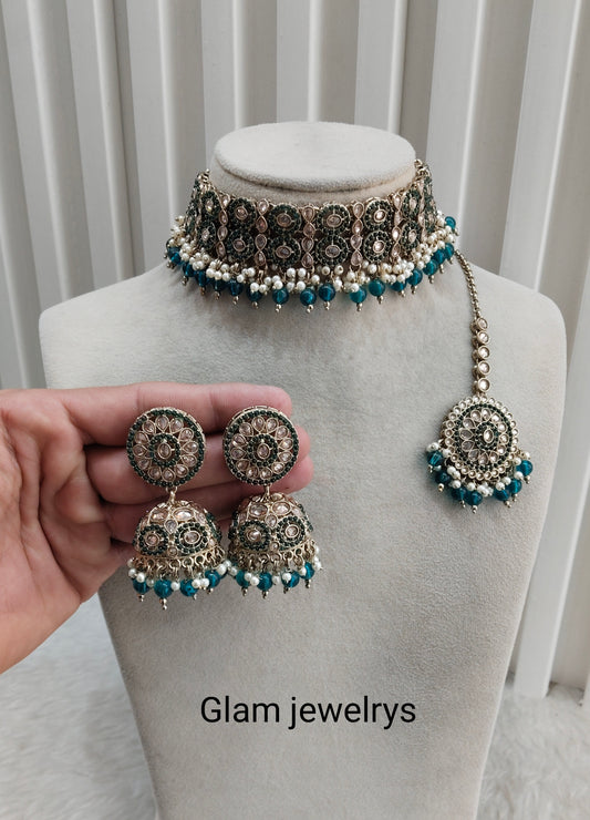 Rama Green Antique Gold Choker Indian Mika jewellery set