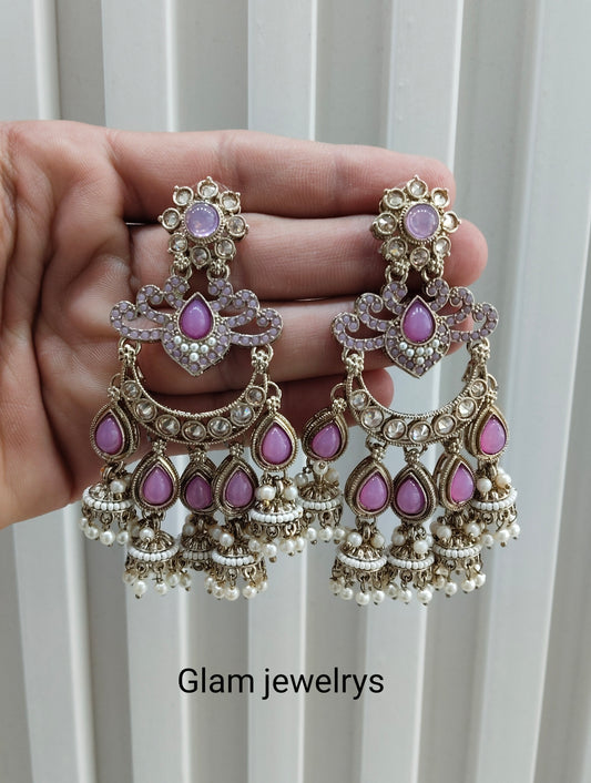 Lavender Antique Gold Bollywood Mamber Indian Earrings