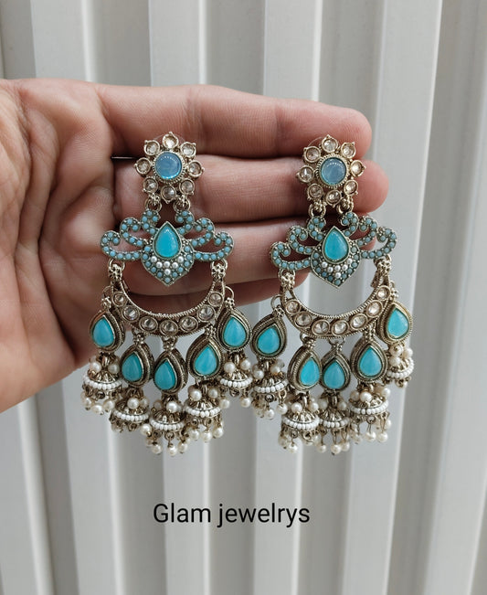 Sky Blue Antique Gold Bollywood Mamber Indian Earrings