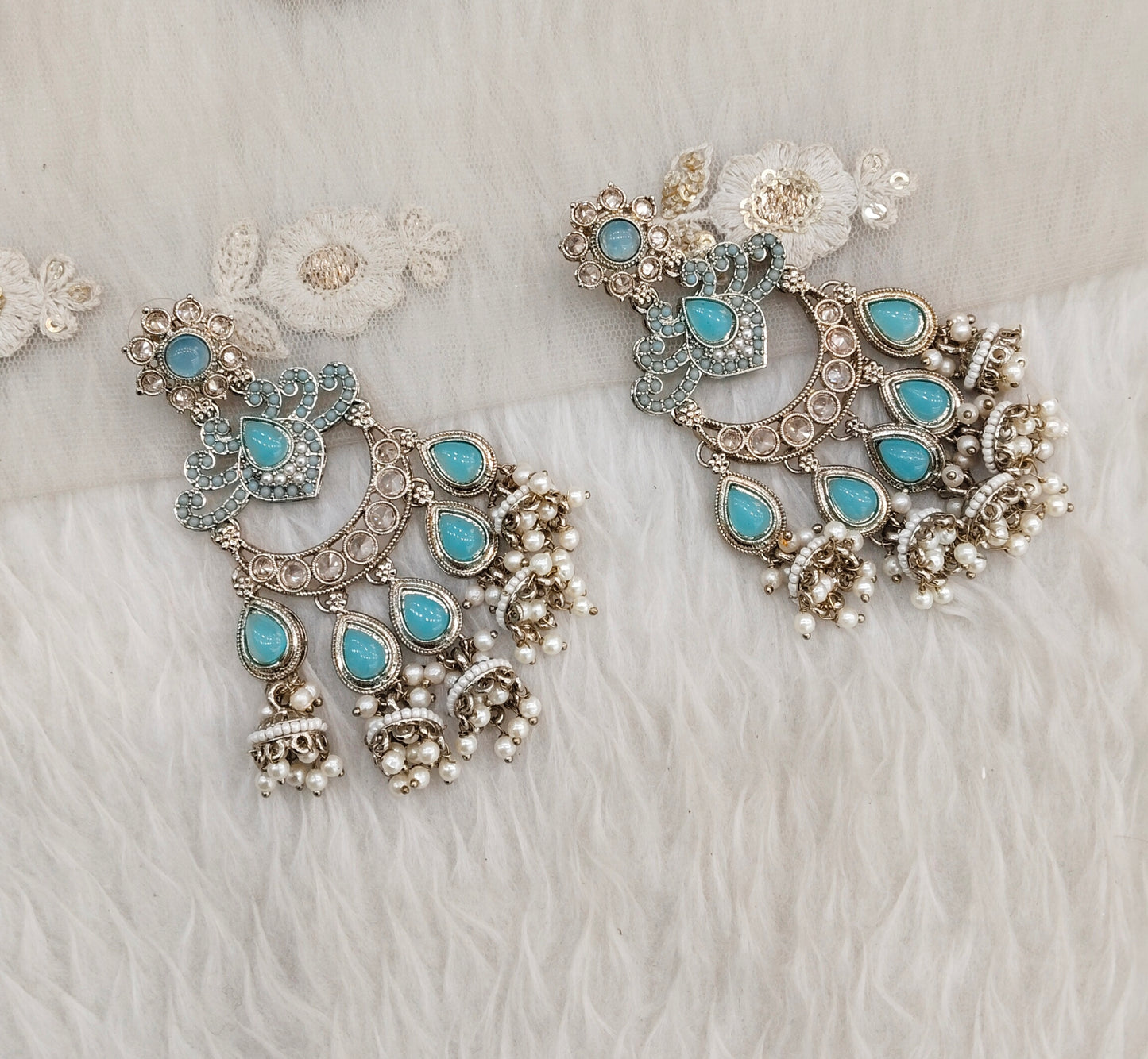 Sky Blue Antique Gold Bollywood Mamber Indian Earrings