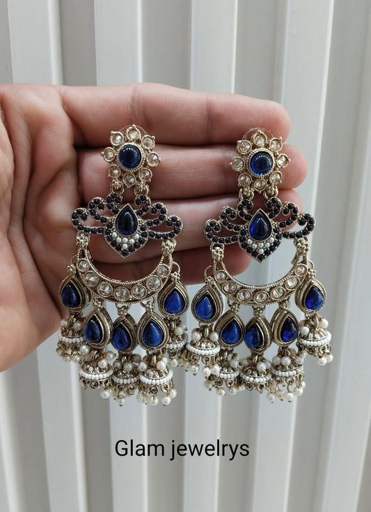Blue Antique Gold Bollywood Mamber Indian Earrings