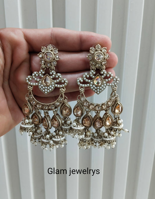 White Antique Gold Bollywood Mamber Indian Earrings