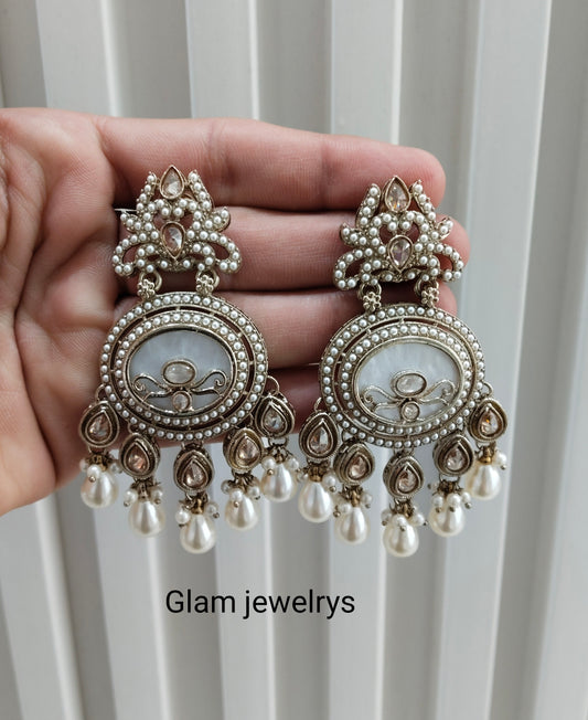White Antique Gold Bollywood Sarpunch Indian Earrings