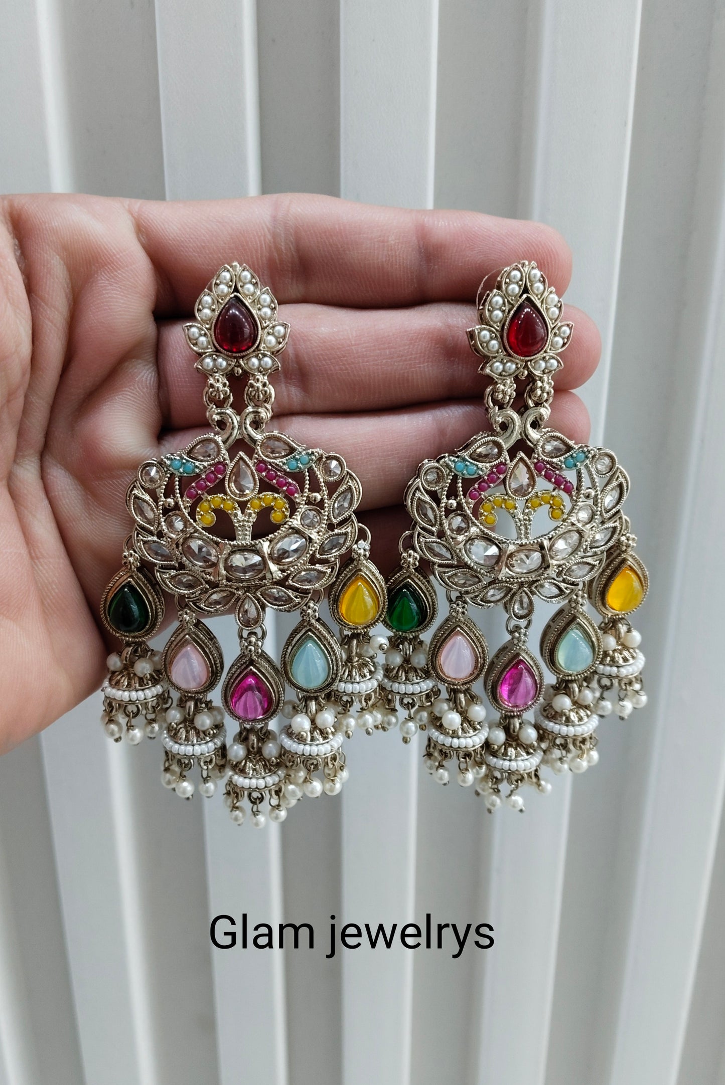 Multi Color Antique Gold Bollywood Sarpunch Indian Earrings