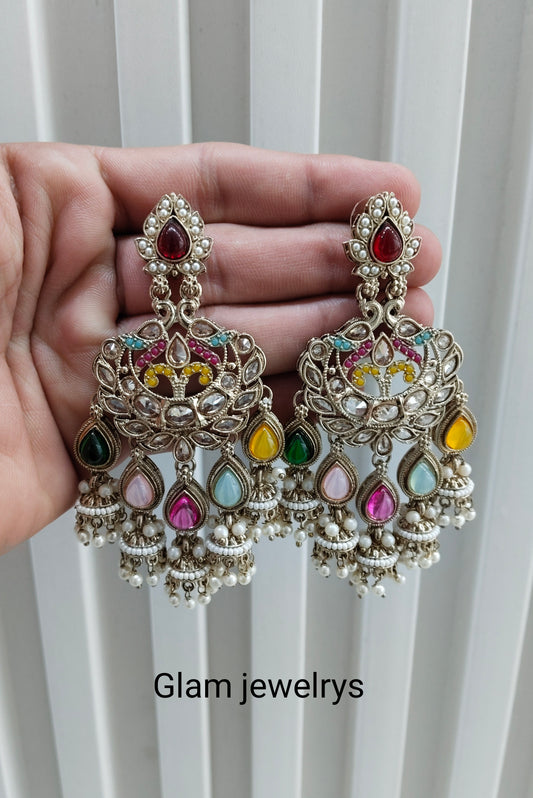 Multi Color Antique Gold Bollywood Sarpunch Indian Earrings