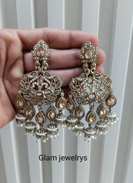 White Antique Gold Bollywood Sarpunch Indian Earrings