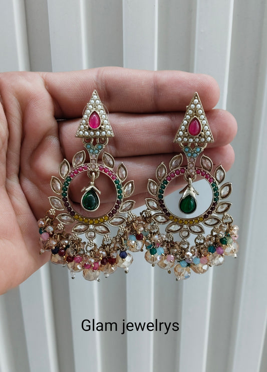 Multi Color Antique Gold Bollywood Sarpunch Indian Earrings