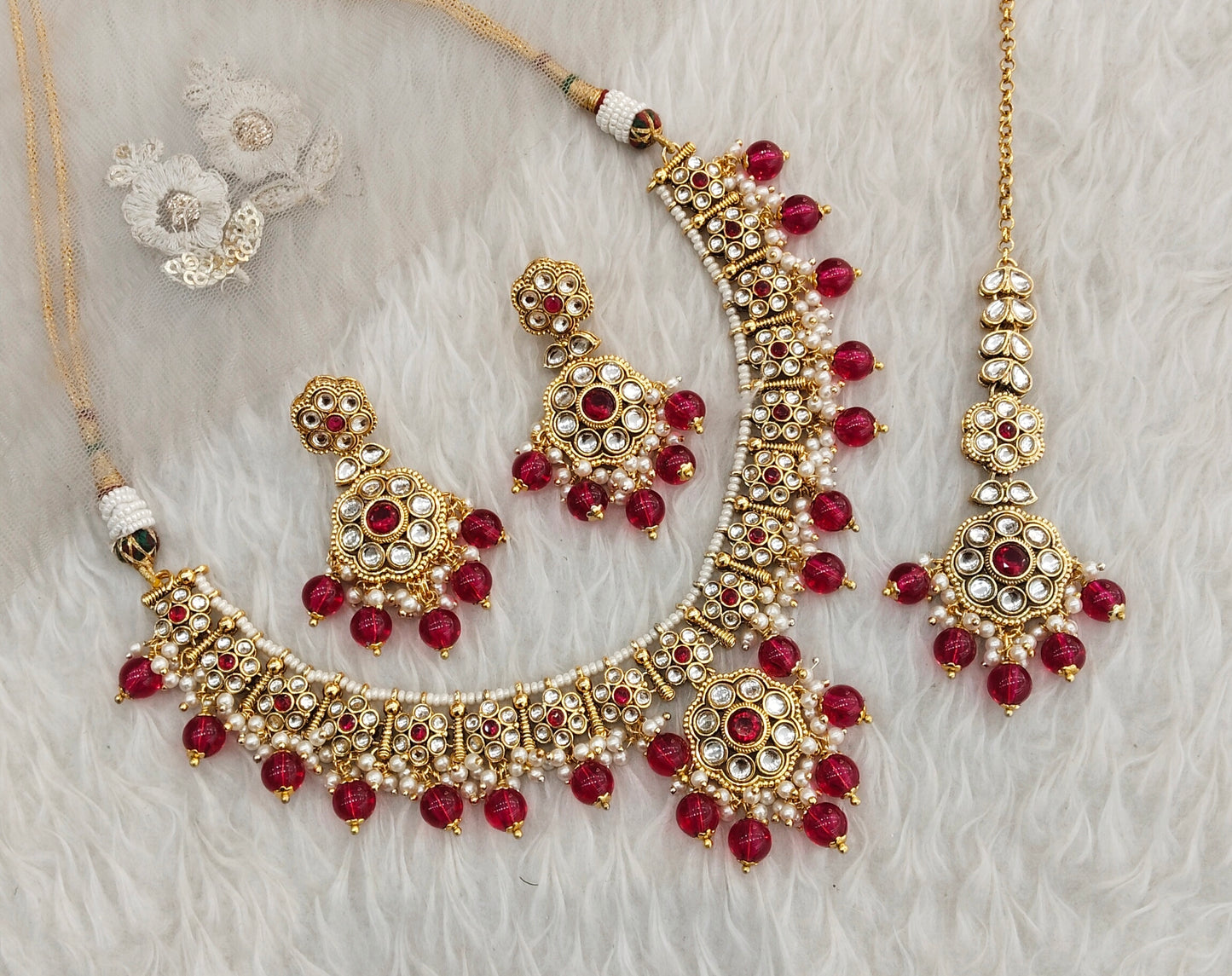 Majenta Gold Kundan Necklace Indian Jewellery Surya Set
