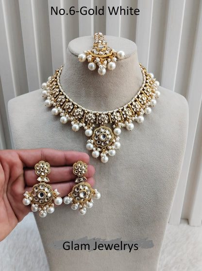 White Gold Kundan Necklace Indian Jewellery Surya Set