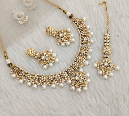 White Gold Kundan Necklace Indian Jewellery Surya Set