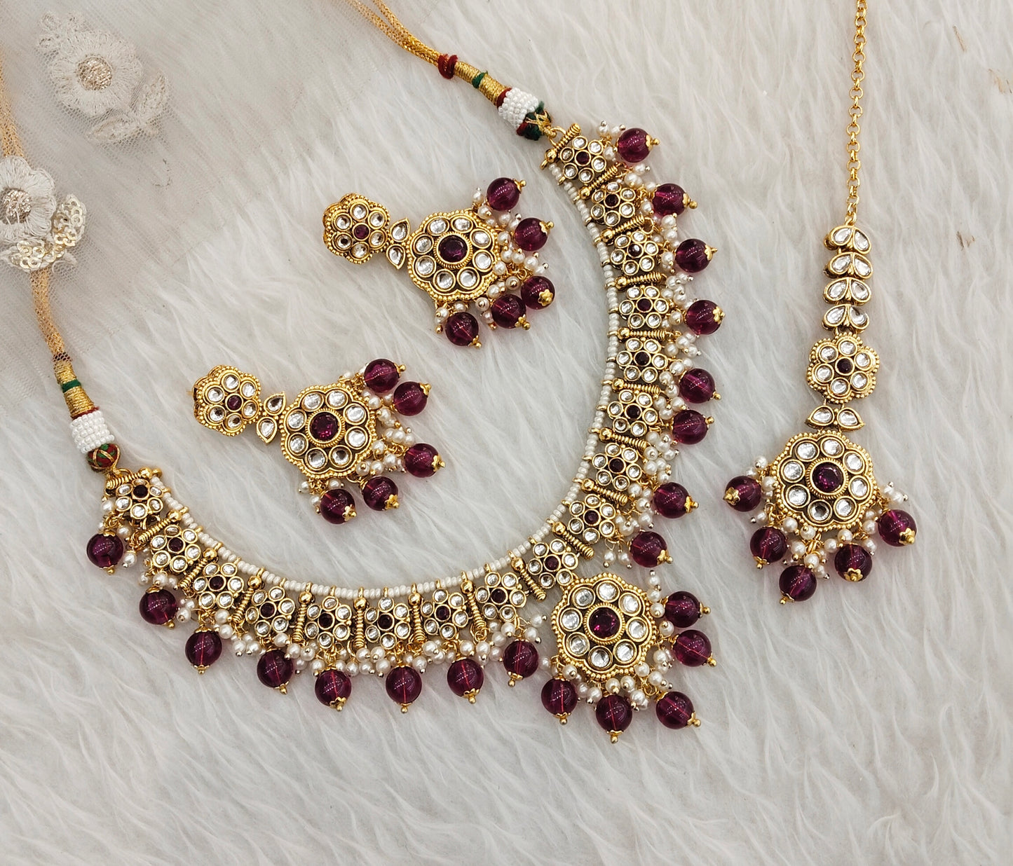 Purple Gold Kundan Necklace Indian Jewellery Surya Set