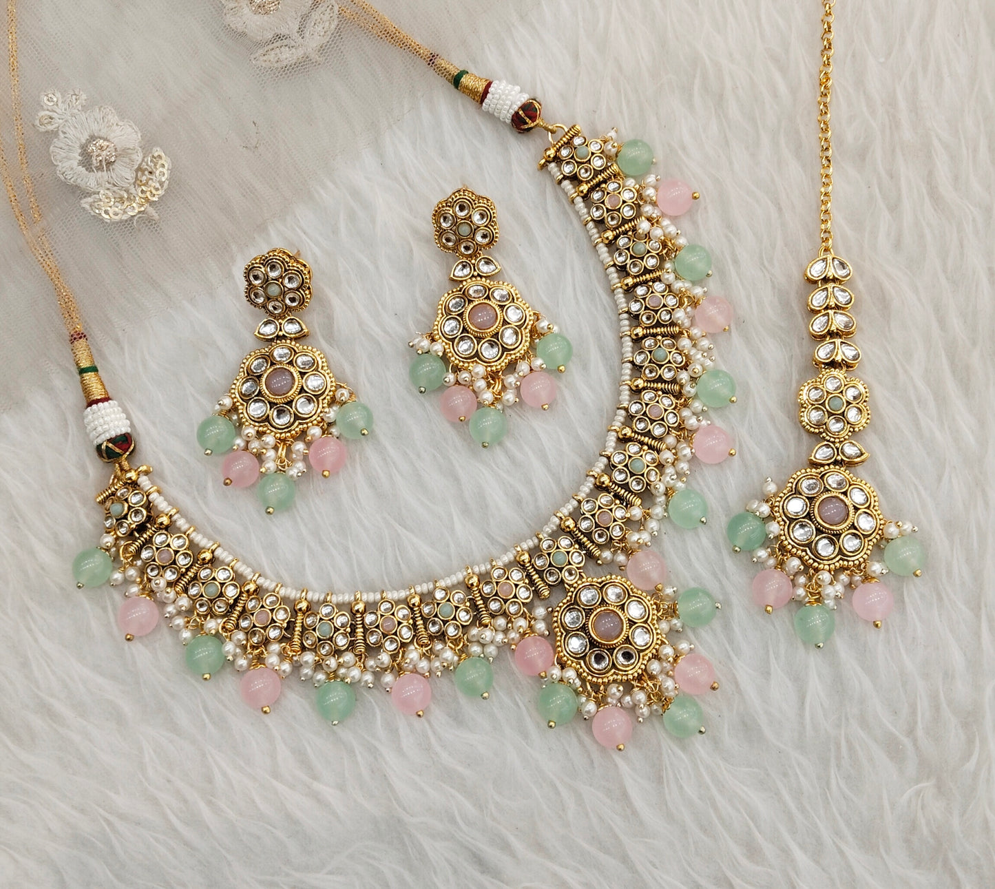 Mint Pink Gold Kundan Necklace Indian Jewellery Surya Set
