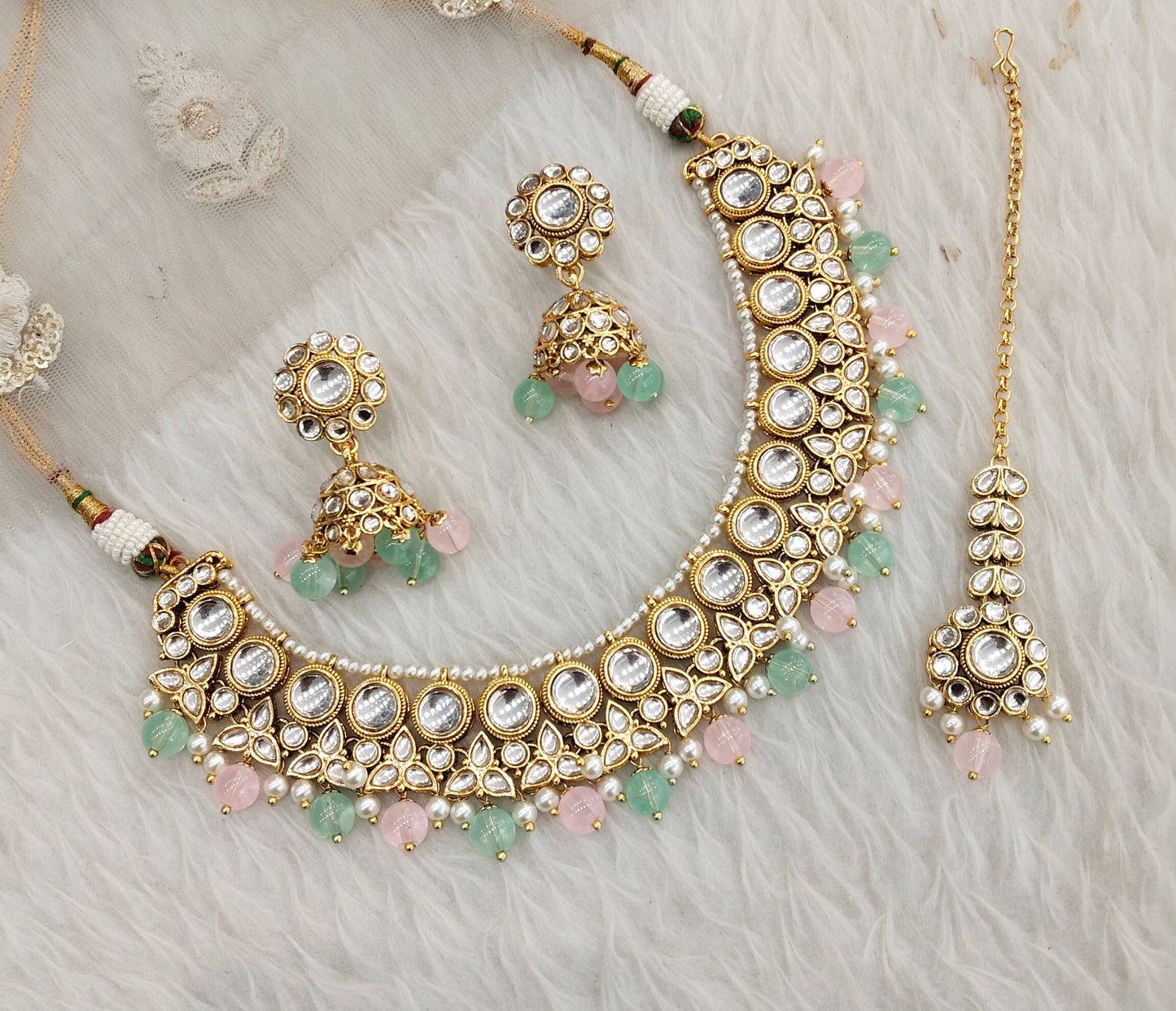 Mint Pink Gold Kundan Necklace Indian Jewellery Ricky Set