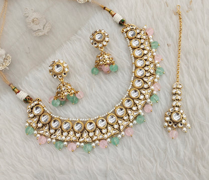 Mint Pink Gold Kundan Necklace Indian Jewellery Ricky Set