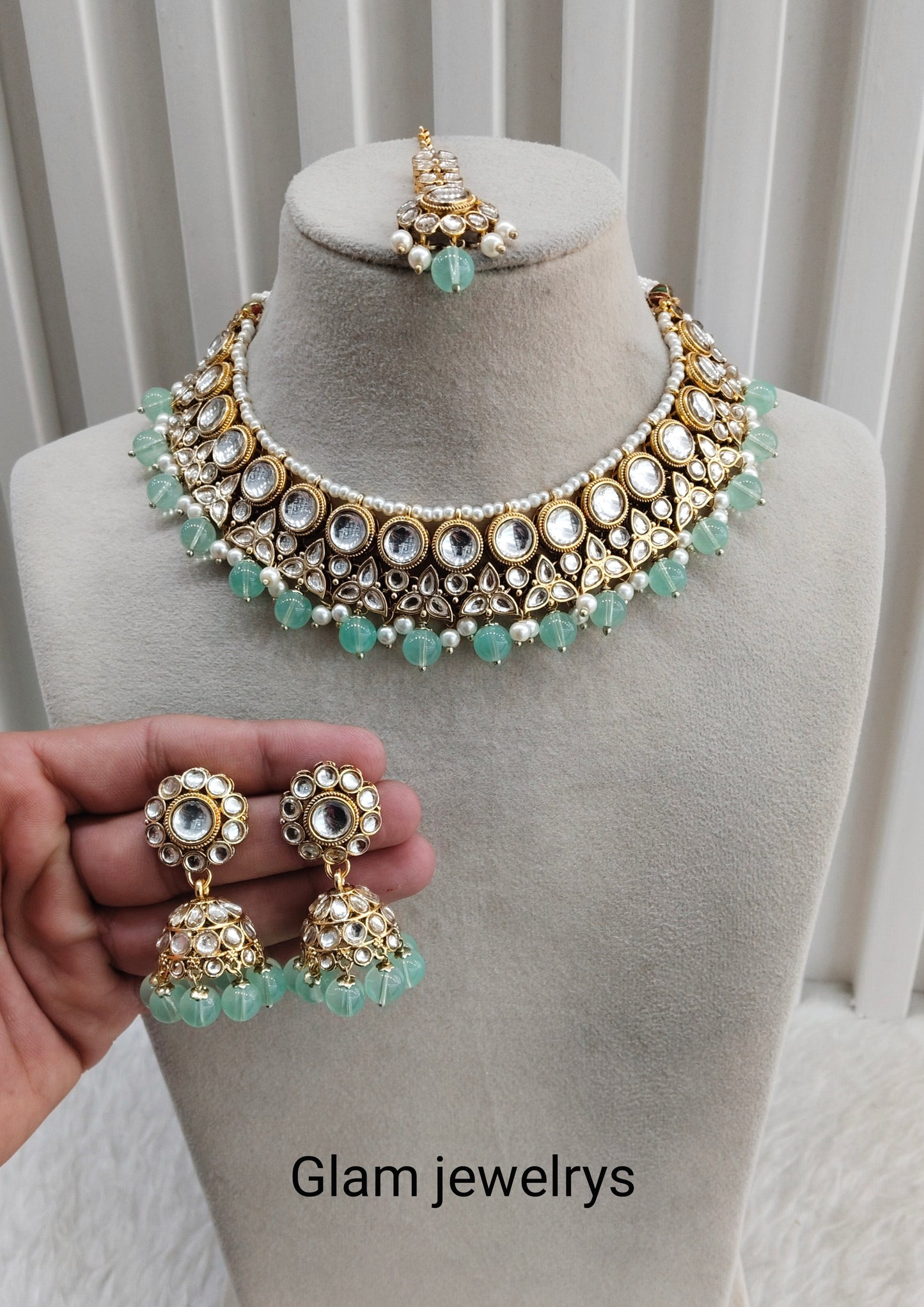 Pastel Green Gold Kundan Necklace Indian Jewellery Ricky Set