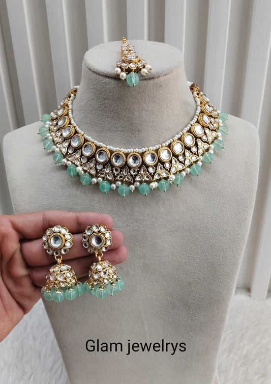 Pastel Green Gold Kundan Necklace Indian Jewellery Ricky Set