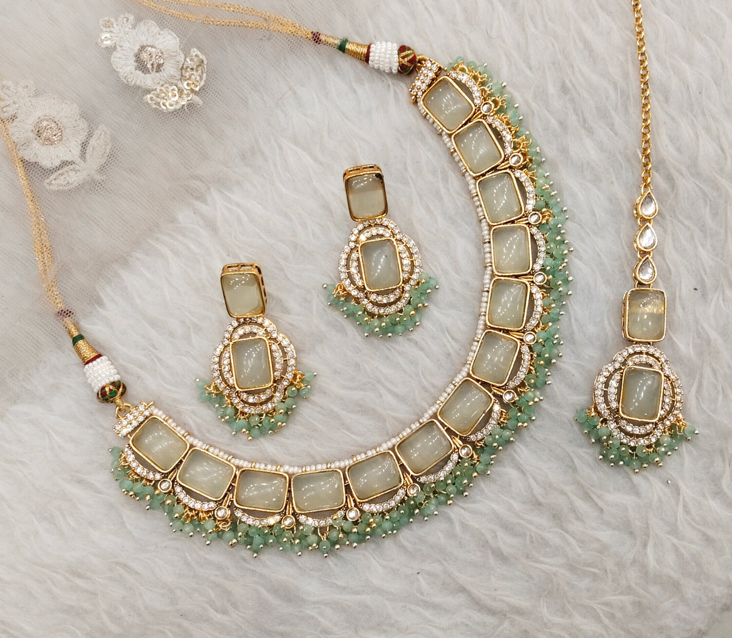 Pastel Green Gold Monalisa Kundan Necklace Indian Jewellery Rock Set