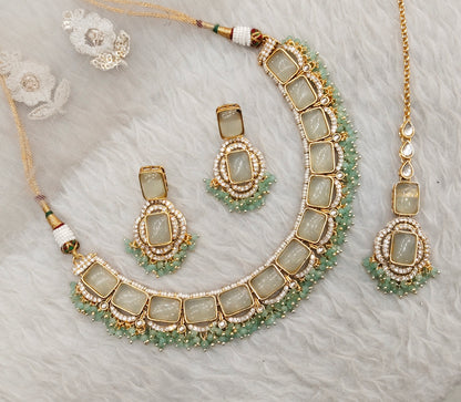 Pastel Green Gold Monalisa Kundan Necklace Indian Jewellery Rock Set