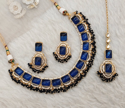 Blue Gold Monalisa Kundan Necklace Indian Jewellery Rock Set