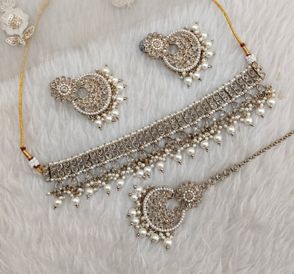 Antique Gold Clear Stone Choker Indian Jewellery Jaiswal Set