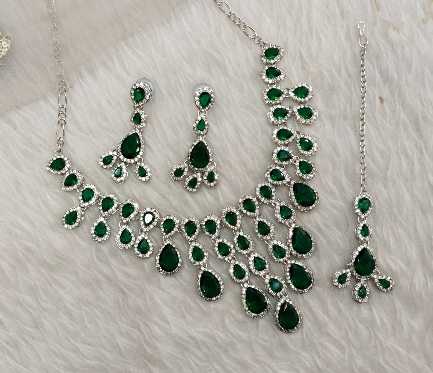 Green Silver Zircon Necklace Indian Jewellery Shami Set