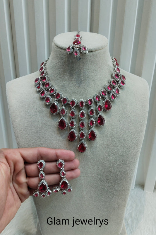 Ruby Silver Zircon Necklace Indian Jewellery Shami Set