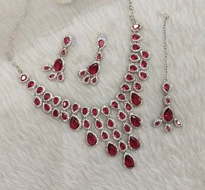Ruby Silver Zircon Necklace Indian Jewellery Shami Set