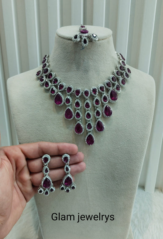 Purple Silver Zircon Necklace Indian Jewellery Shami Set