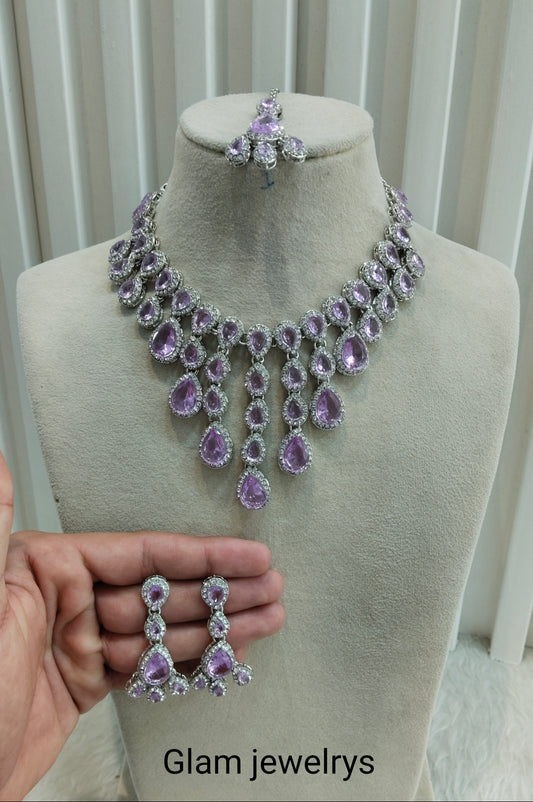 Lavender Silver Zircon Necklace Indian Jewellery Shami Set